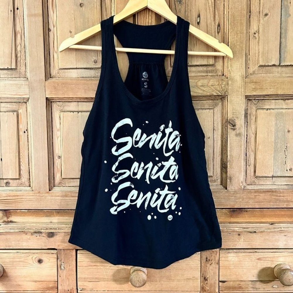 Senita Small‎ Black Racerback Tank Top Script Logo Athletic